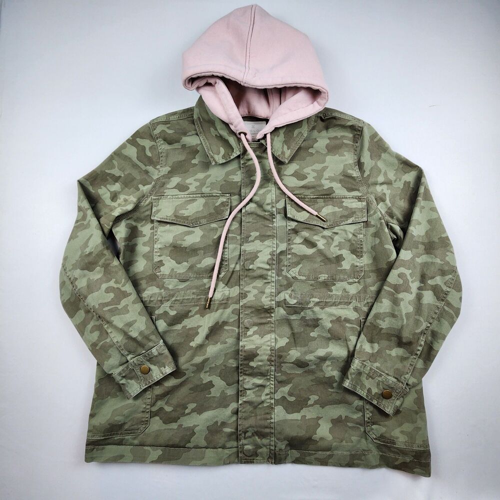 Caslon Hooded Stretch Cotton Utility Jacket Camo/Pink Womens XXL Drawcord Snap